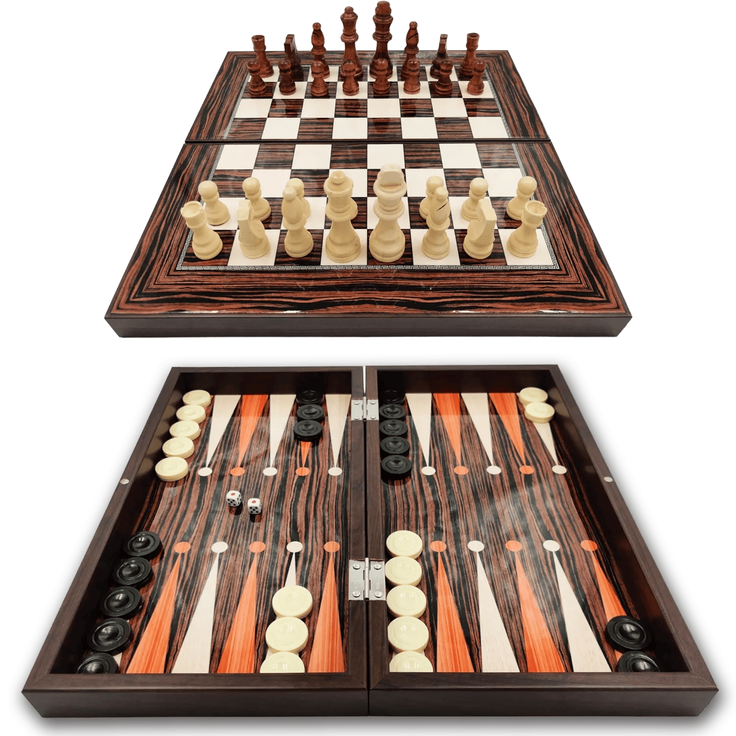 Luxe ebbenhouten backgammon bord plus schaakstukken (combiset)