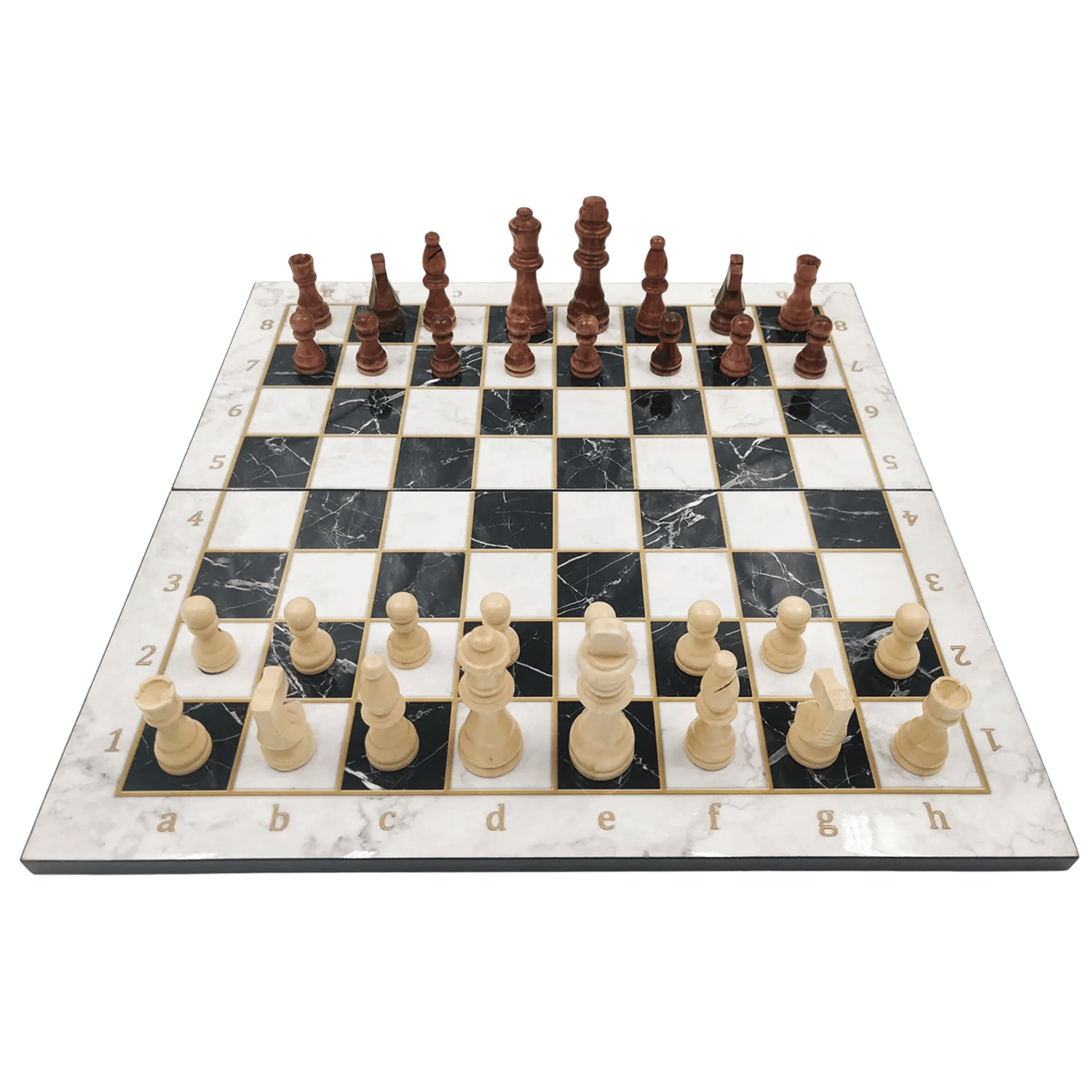 Inklapbaar schaakbord wit marmer inclusief houten schaakstukken